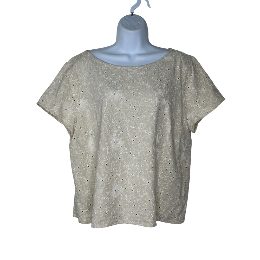 J. Jill Blouse Large Beige Eyelet Floral Embroidered Linen Shirt Top Cottage